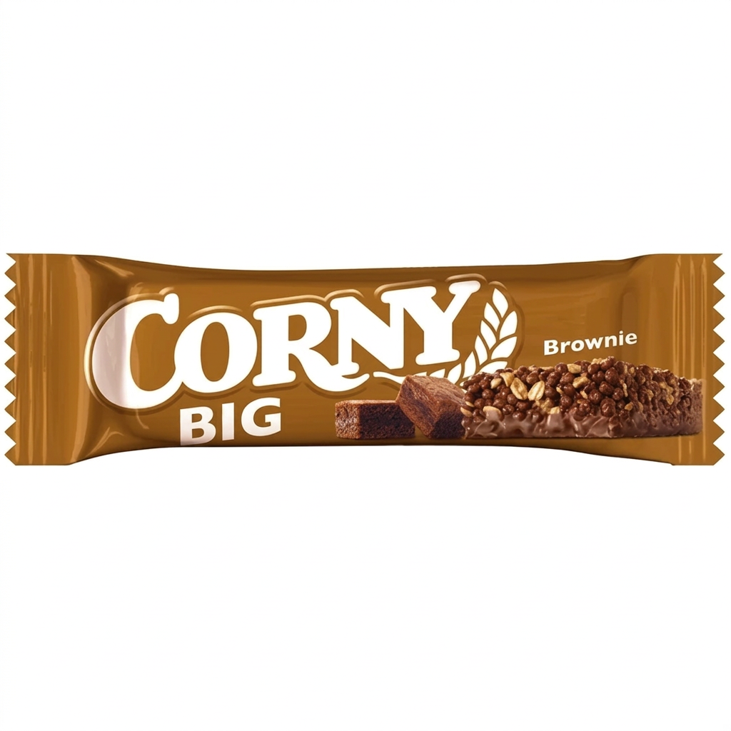 Corny Big Brownie, individuelt indpakket bar på hvid baggrund