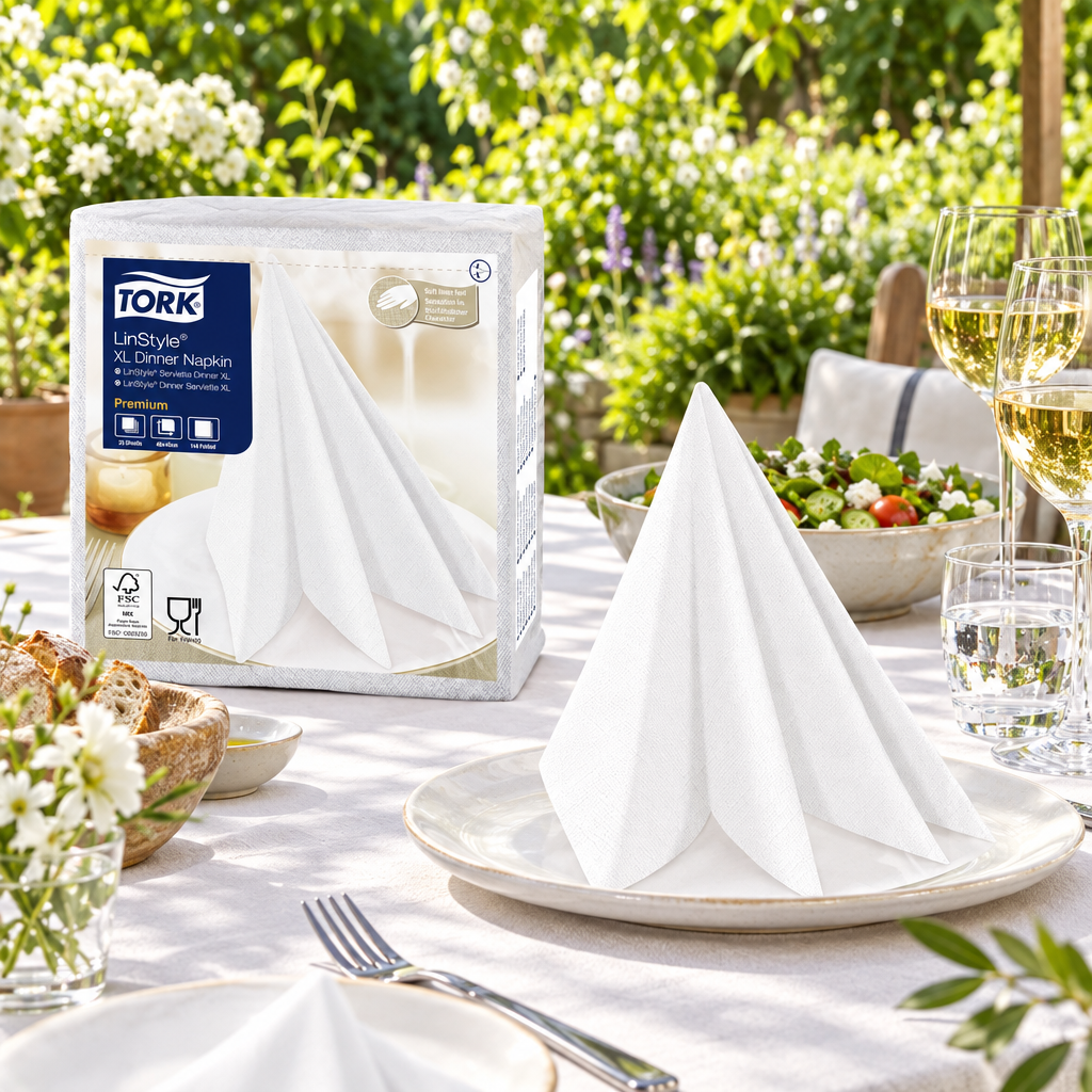 Tork LinStyle-pakke og hvid serviet på terrassebord