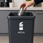 Hånd afleverer metaldåse i beholder med hvidt METAL-piktogram