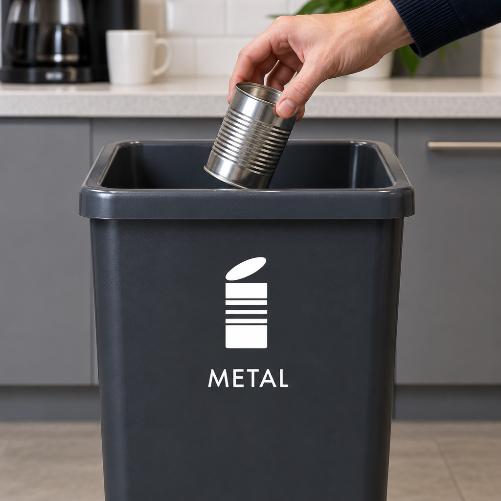 Hånd afleverer metaldåse i beholder med hvidt METAL-piktogram