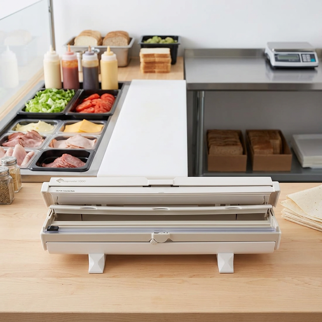 Wrapmaster 1000 ved sandwichklargøring i café, stemningsbillede