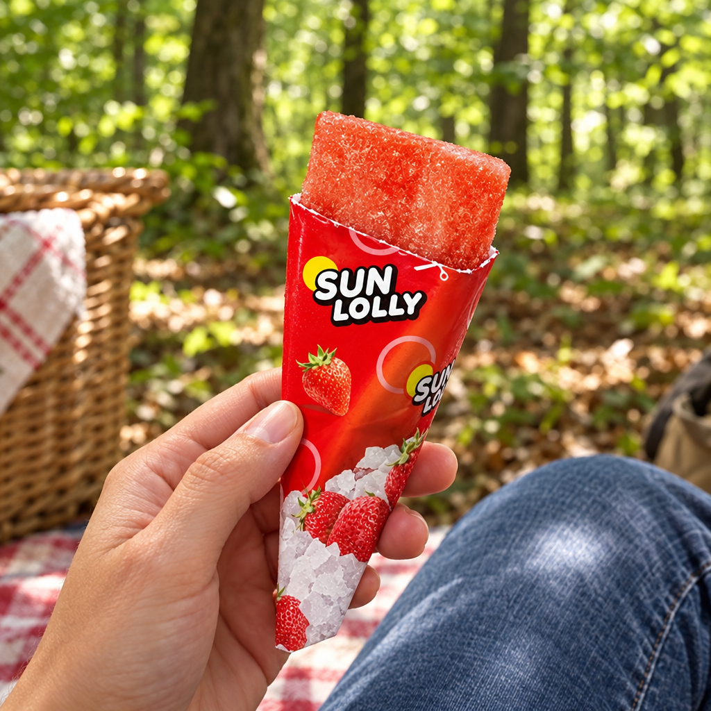 Sun Lolly Jordbær-is i voksenhånd ved skovpicnic