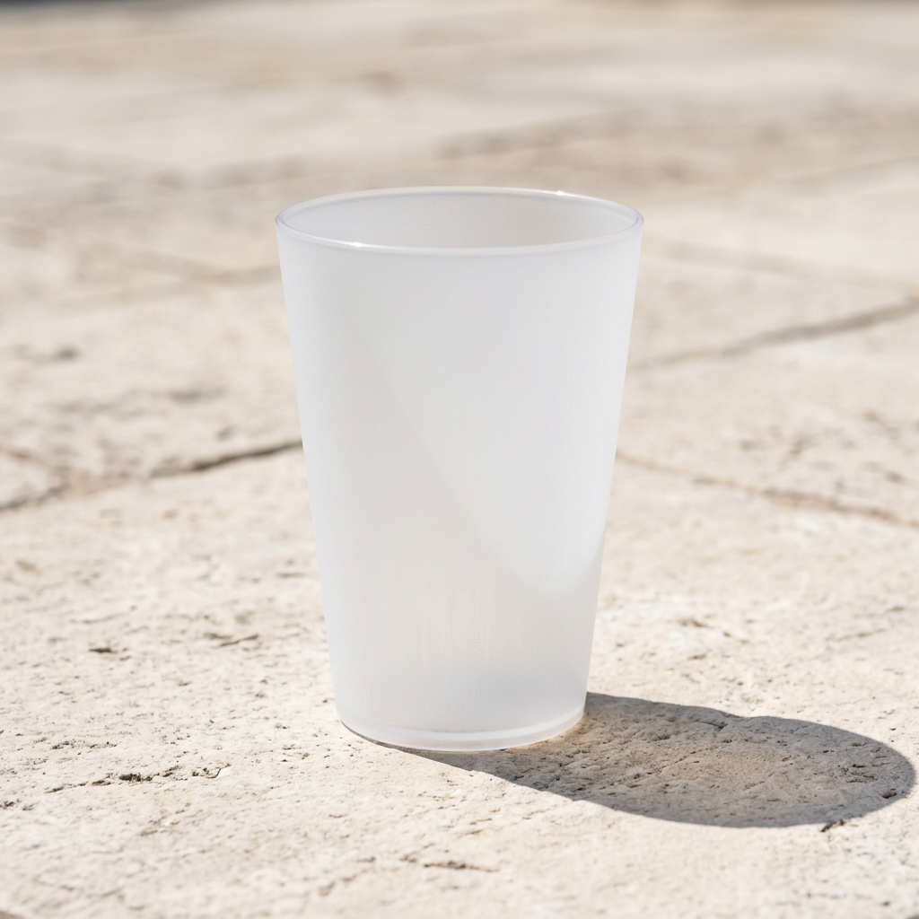 Frosted hvidt flergangsdrikkeglas på en lys stenflade i solskin