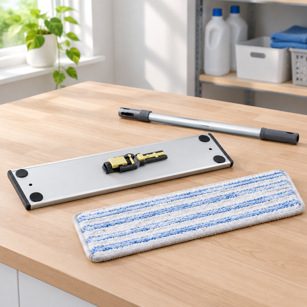 Stemningsbillede af fremfører og moppeudstyr, ikke foto af den konkrete Clean Plus-fremfører