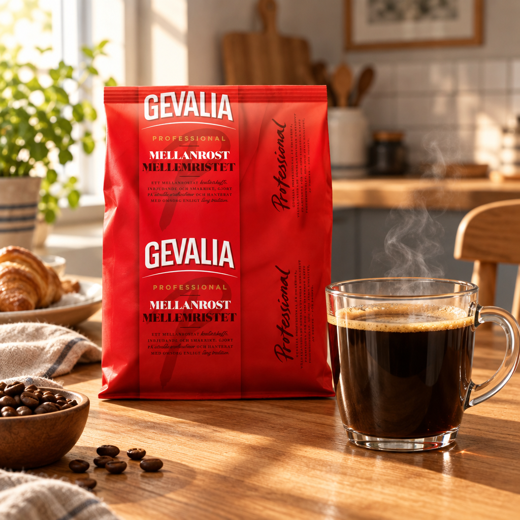 Gevalia Kaffe 500 g på træbord med friskbrygget kop kaffe