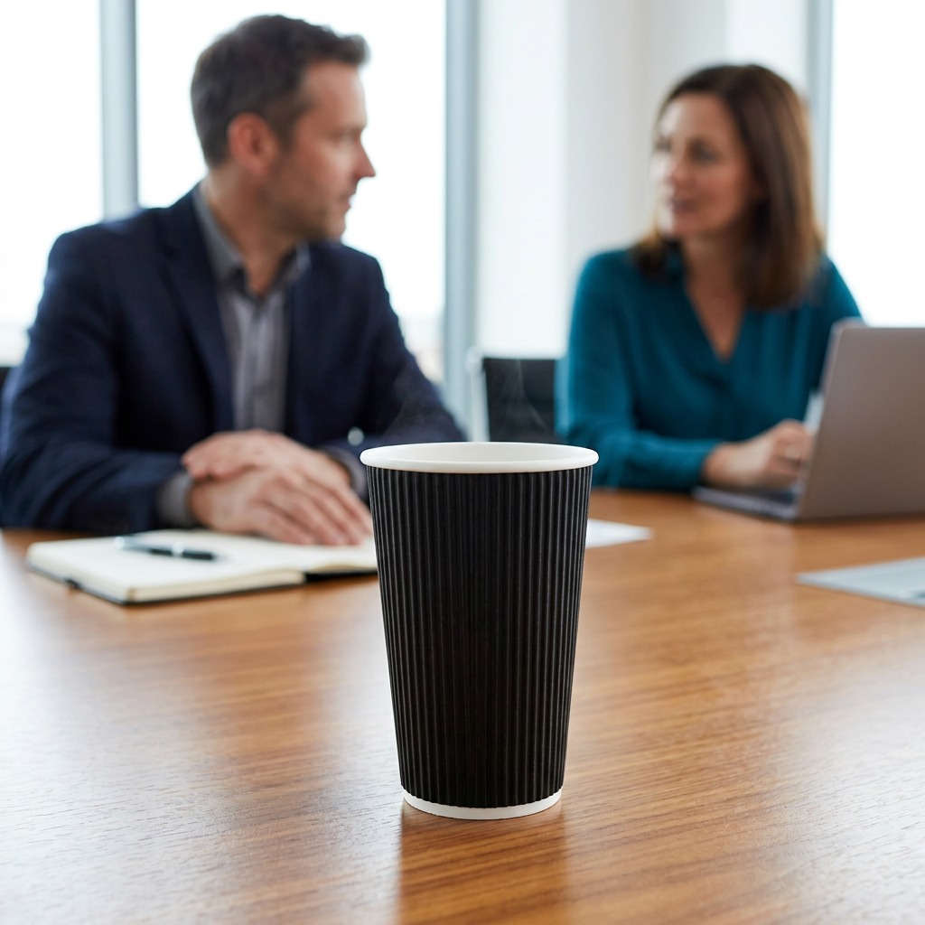 Sort Ripple Wall kaffebæger 40 cl på mødebord med to voksne kolleger i baggrunden