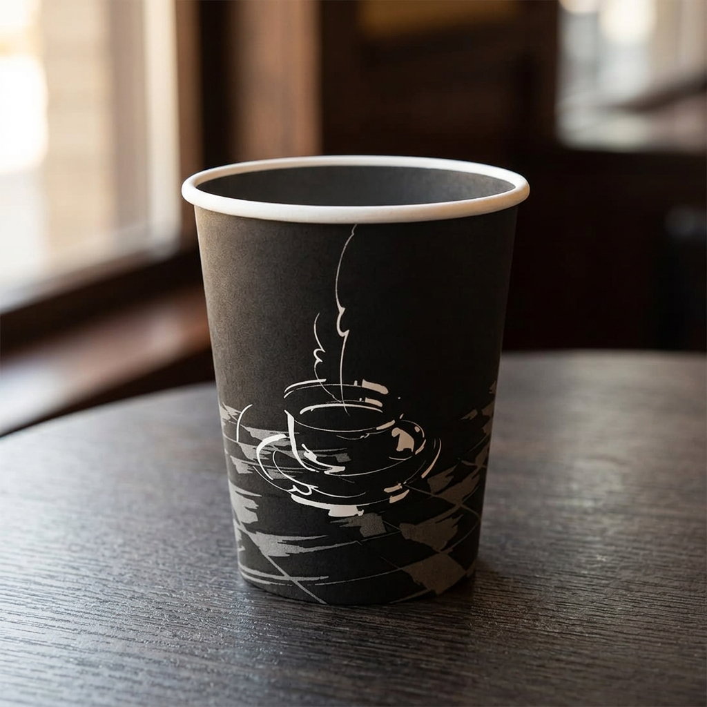Sort kaffebæger med hvid kant og kaffekopmotiv på mørkt cafébord