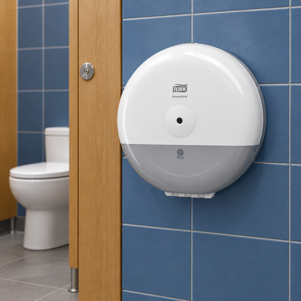 Hvid Tork SmartOne Mini toiletpapirdispenser ved skolens personaletoilet