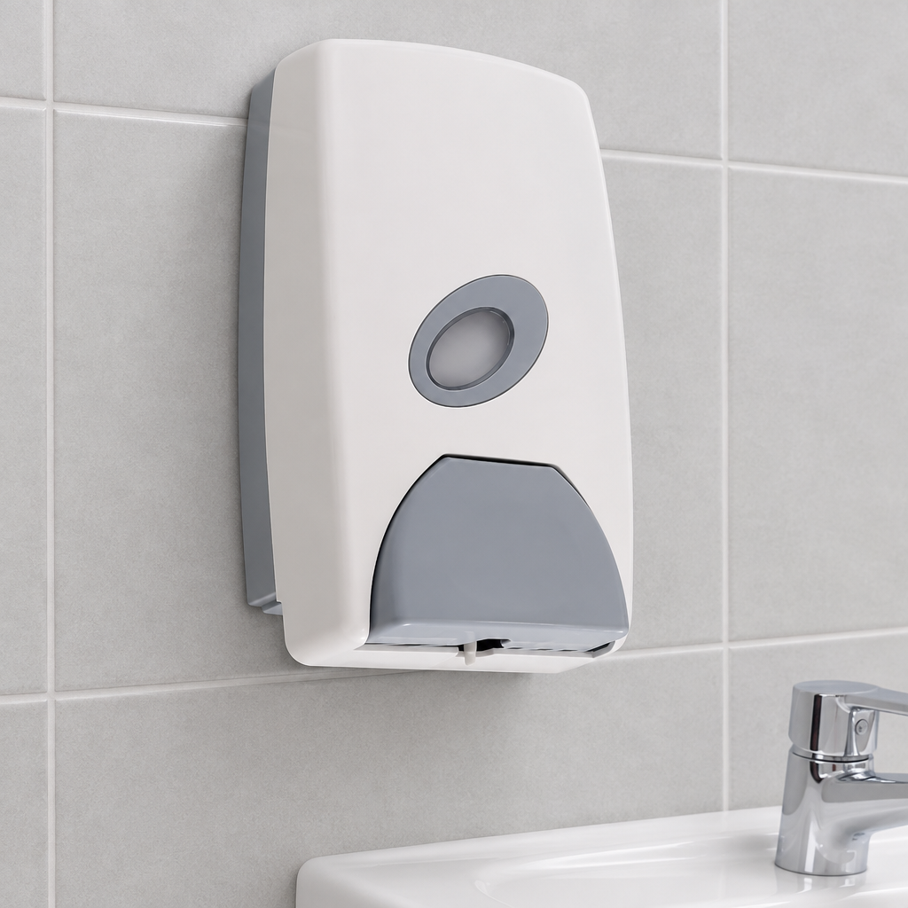Hvid 800 ml-dispenser ved grå fliser og håndvask