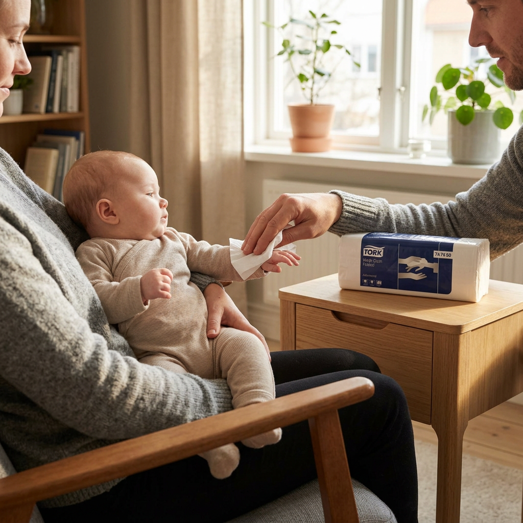 Tork papirvaskeklude til pleje af babys hænder hjemme i solrig stue