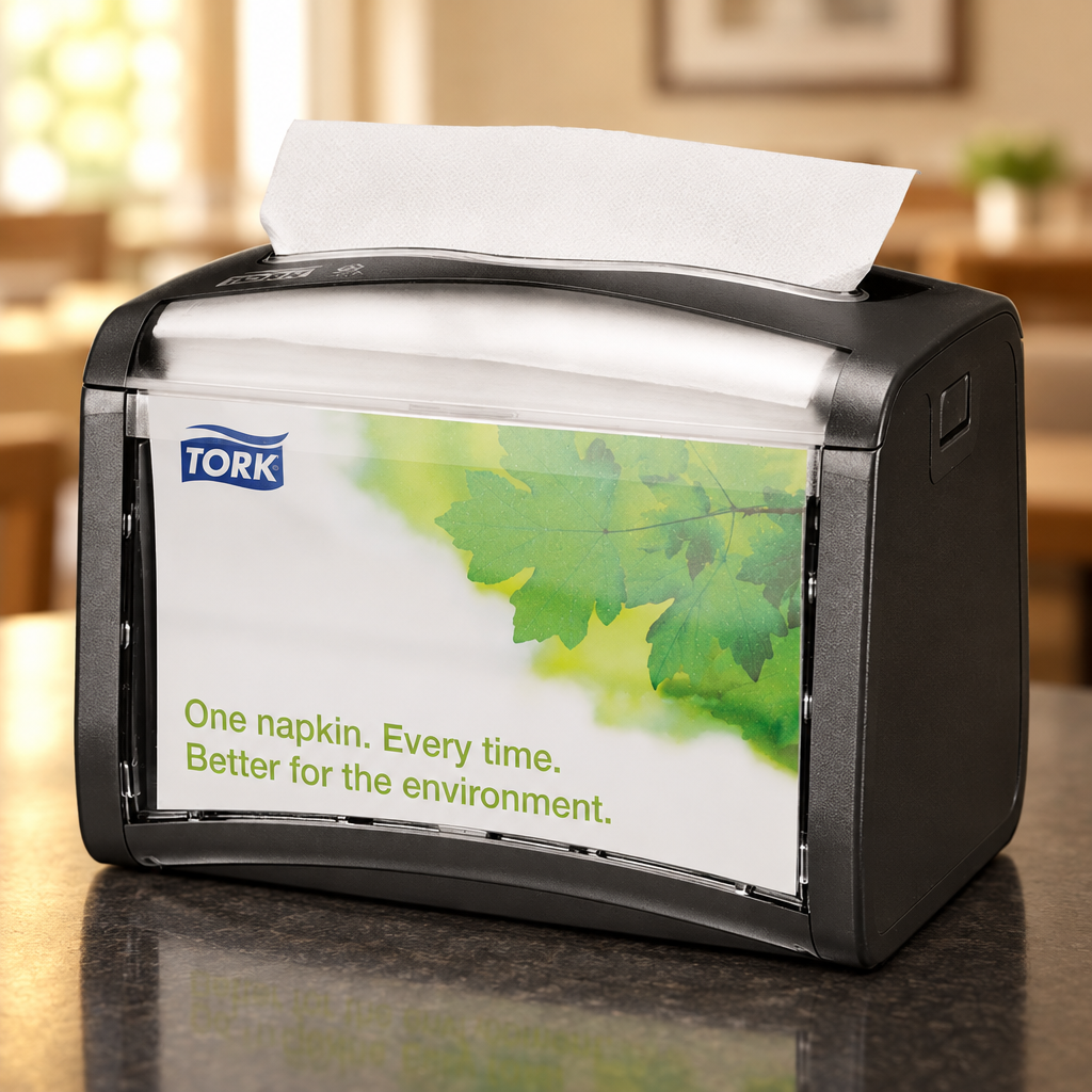 Sort Tork Xpressnap servietdispenser i hotellets morgenmadsområde