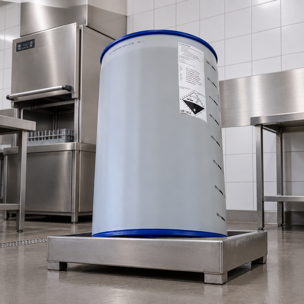 Arcandis-Eco 200 L tønde på opsamlingsplatform i professionelt opvaskerum