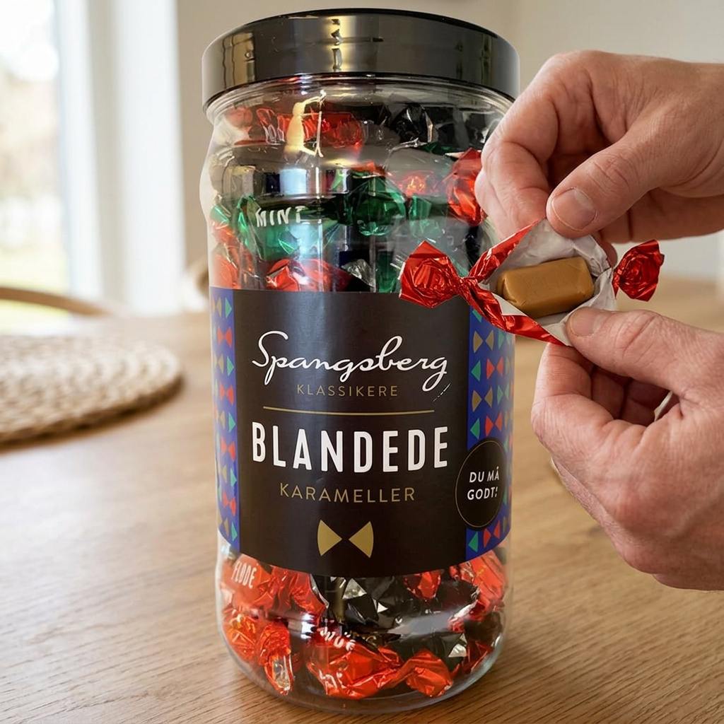 En karamel pakkes ud ved siden af Spangsberg-bøtten