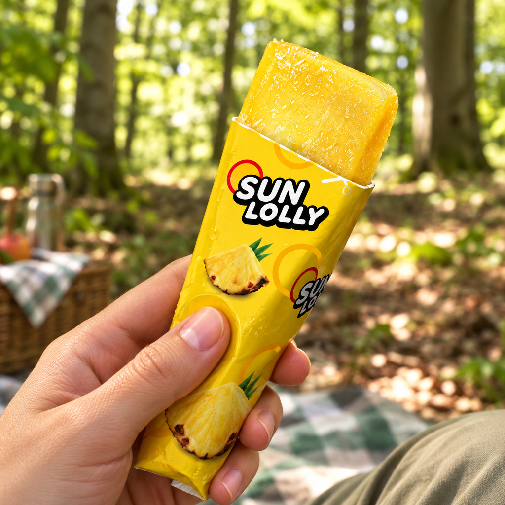 Åbnet Sun Lolly Ananas frys selv-is i voksenhånd ved pause i skoven
