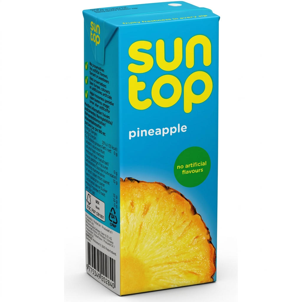 Suntop Ananas 200 ml i turkis brik på hvid baggrund