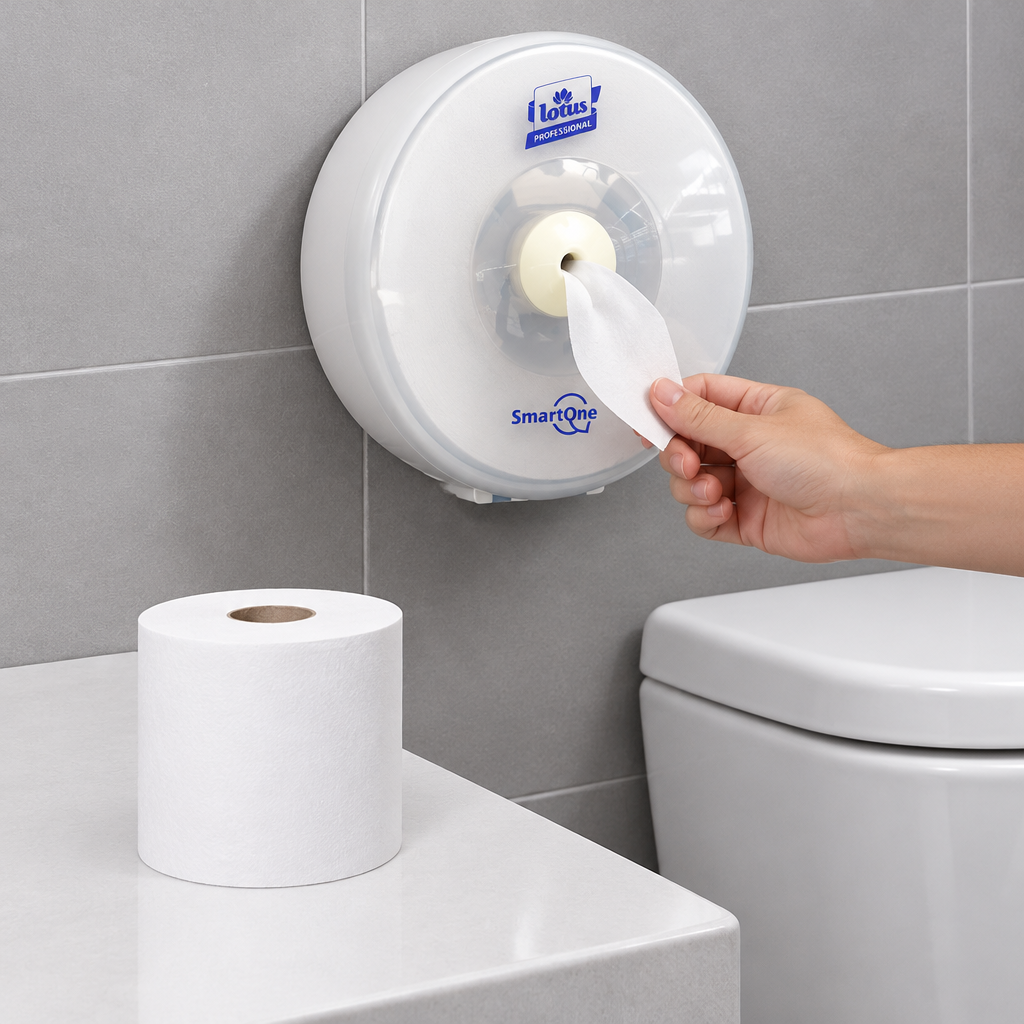 Mini T9-toiletrulle ved hvid SmartOne-dispenser i brug