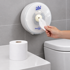 Mini T9-toiletrulle ved hvid SmartOne-dispenser i brug