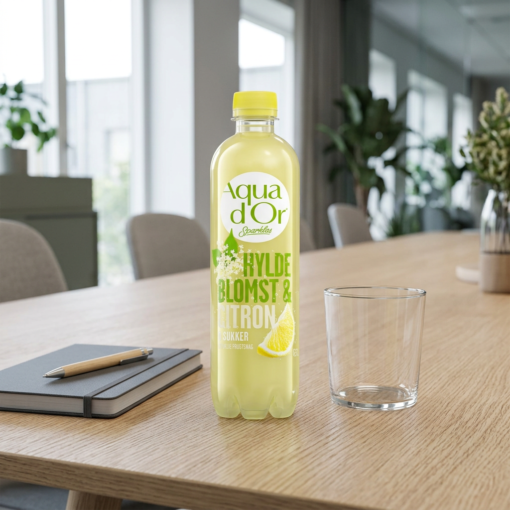 Aqua d’Or Sparkles Hyldeblomst & Citron ved mødebord med glas og notesbog, stemningsbillede