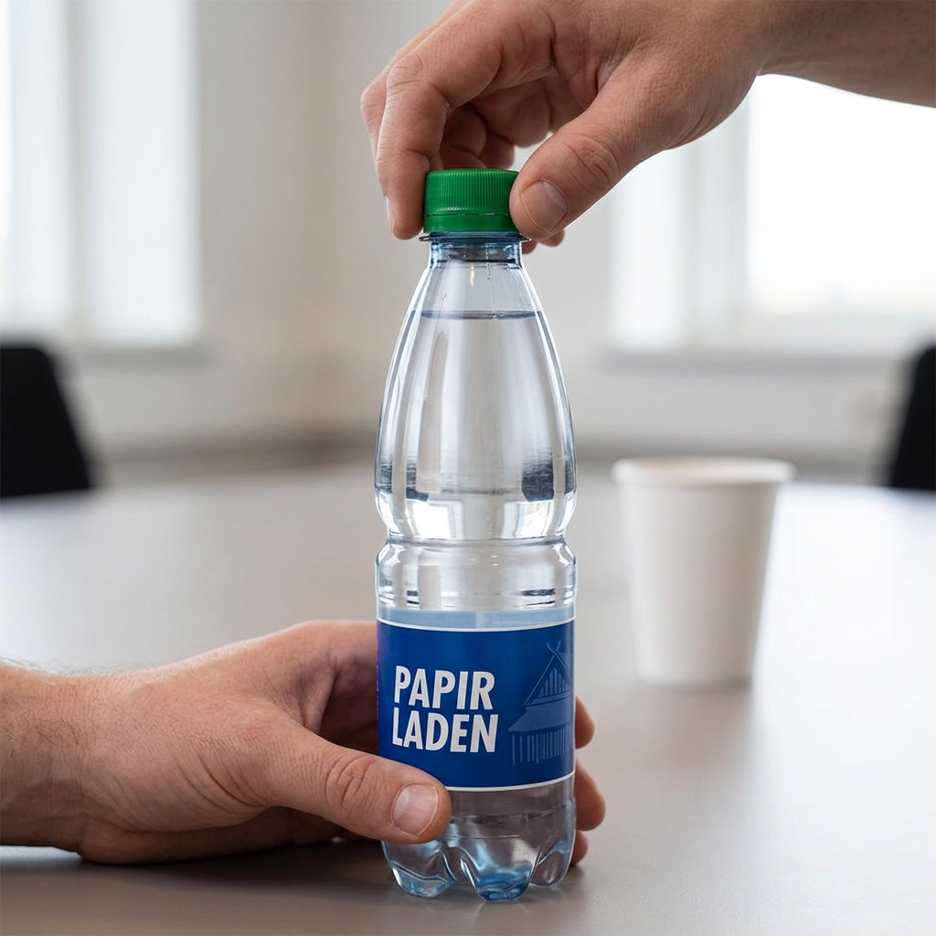 En hånd drejer det grønne låg på 0,5-liters logovand ved en kaffepause