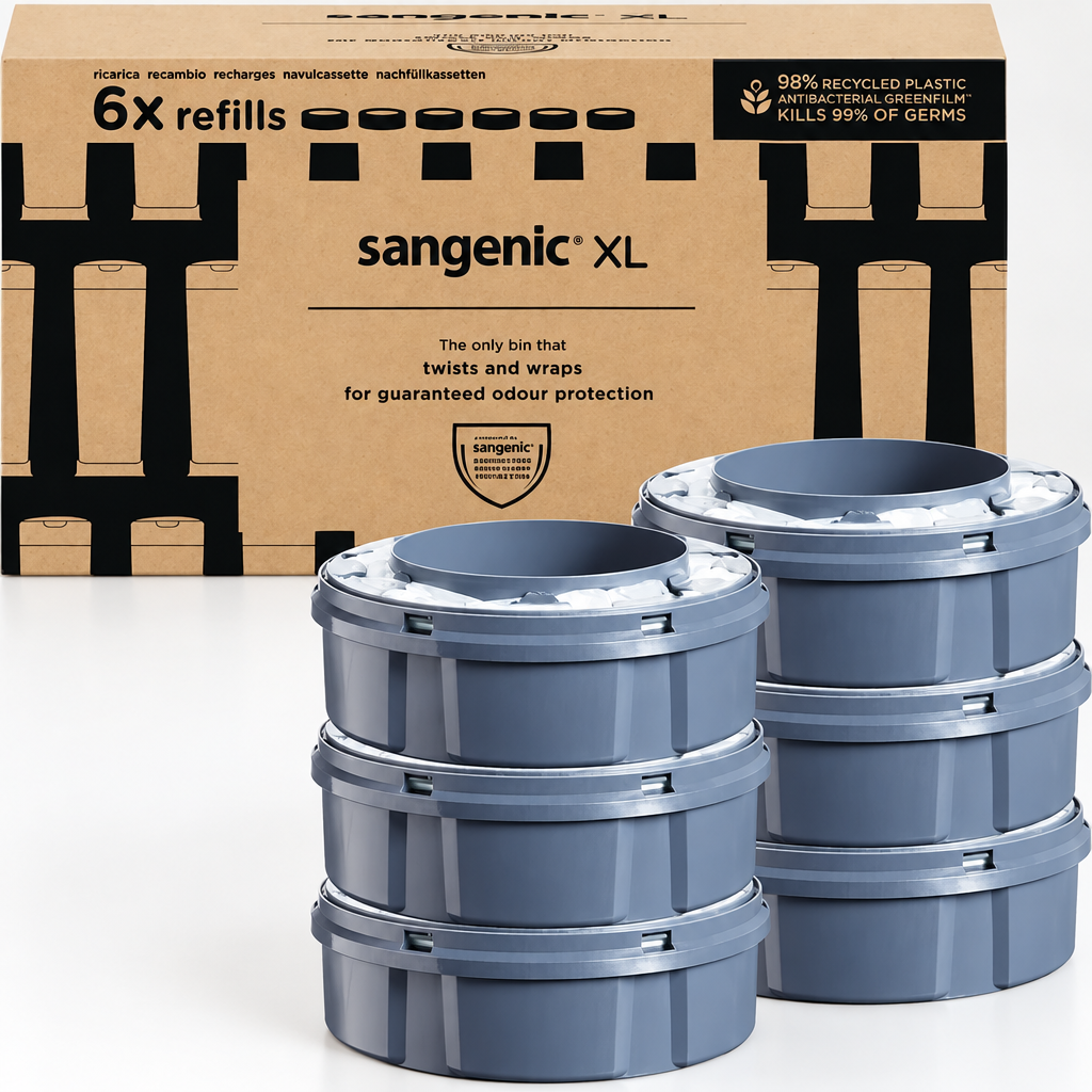 Nærbillede af Sangenic XL-emballage og seks refillkassetter på lys bordplade