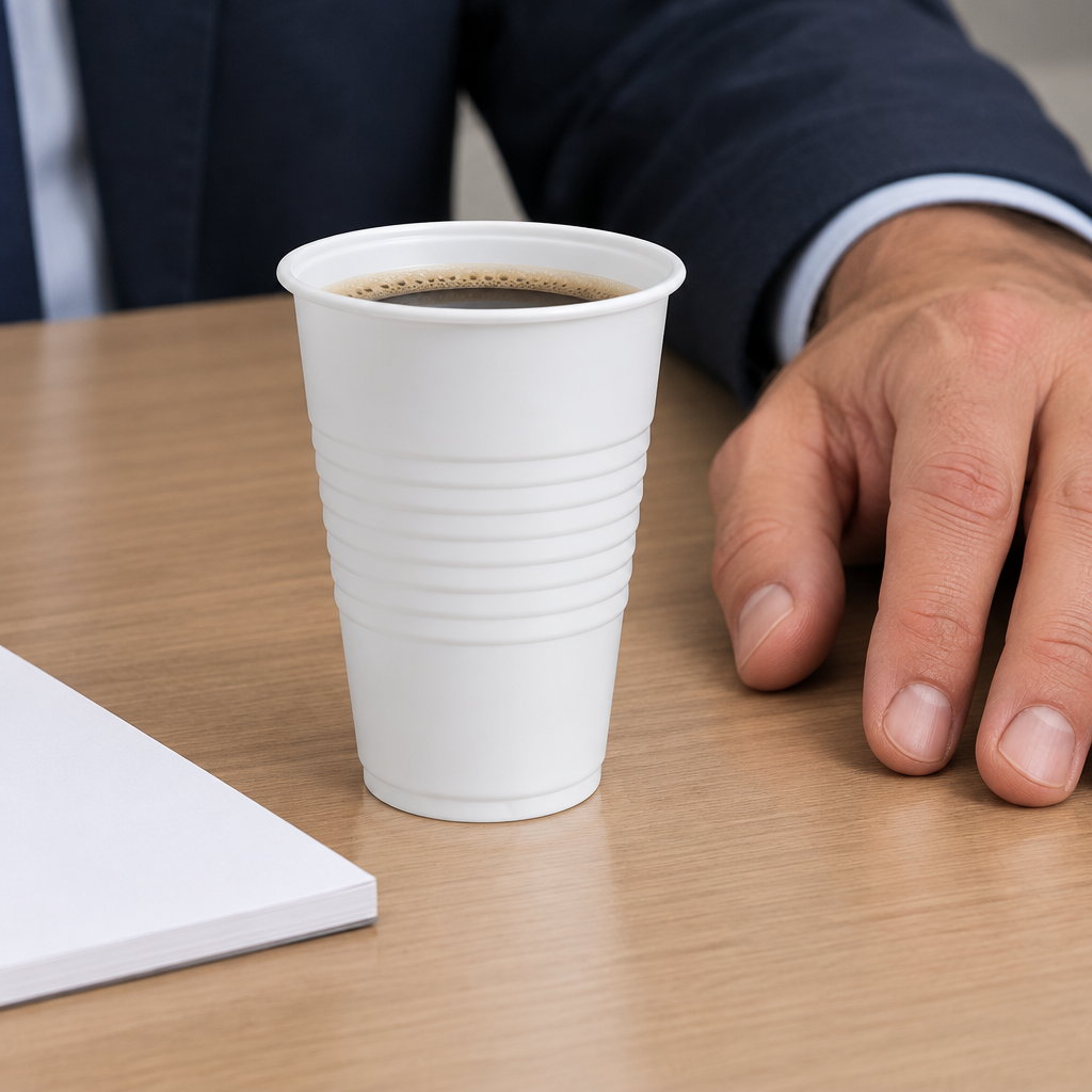 Hvidt automatbæger med kaffe på mødebord ved notesbog