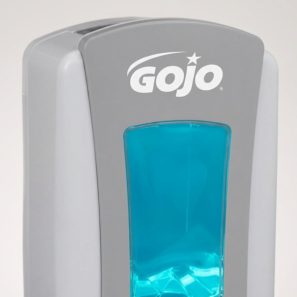 Detalje af GOJO-logo og øverste front på LTX-12 skumsæbedispenser