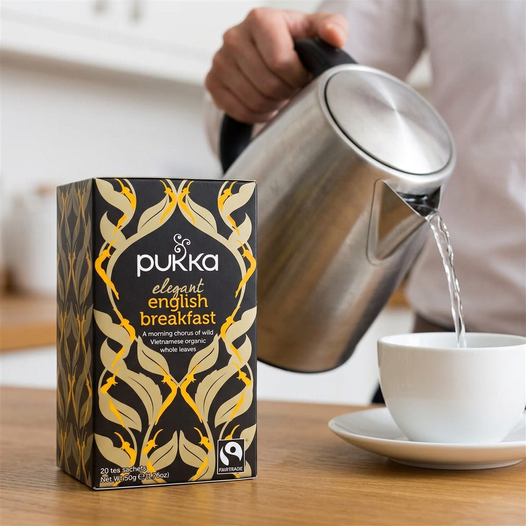 Pukka English Breakfast tilberedes med varmt vand ved kontorets testation