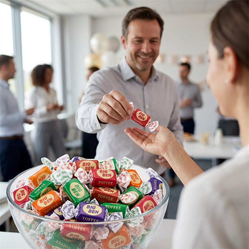 En indpakket Big Ben-karamel udleveres ved en reception