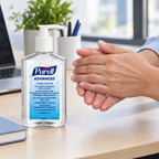 Illustreret fordeling af håndgel ved Purell Advanced-pumpeflasken