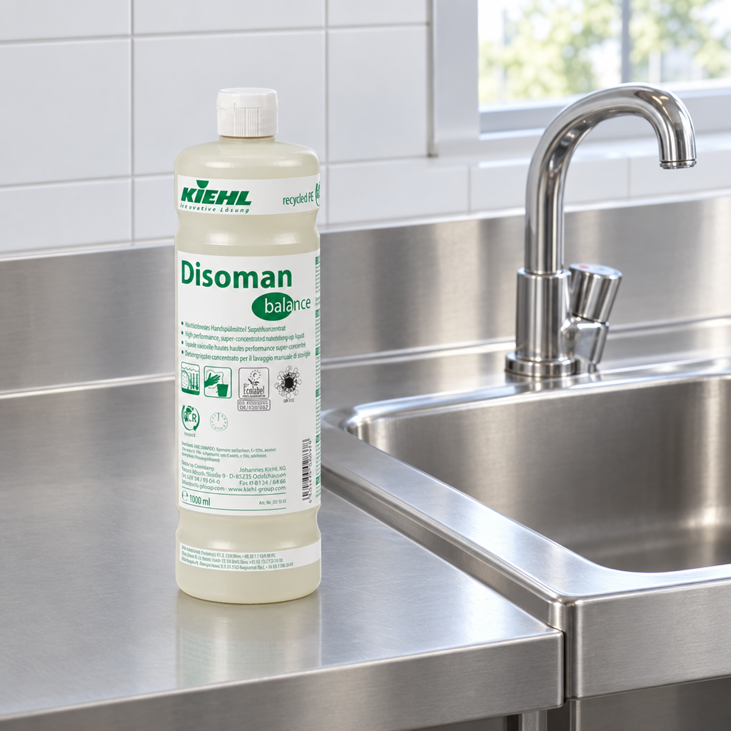 Kiehl Disoman Balance 1 L på rustfri bordplade ved håndopvaskens vask