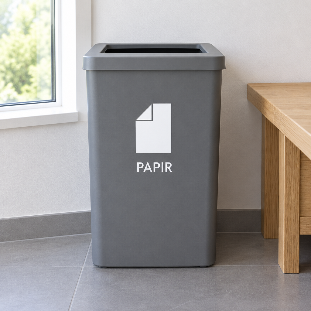 Affaldsbeholder med hvid PAPIR-folie ved vindue i arbejdsrum