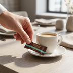 Voksen serverer Bouchard karamel og havsalt ved kaffekop