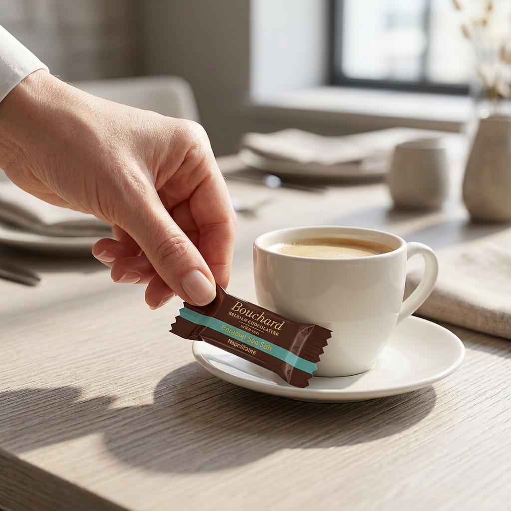 Voksen serverer Bouchard karamel og havsalt ved kaffekop