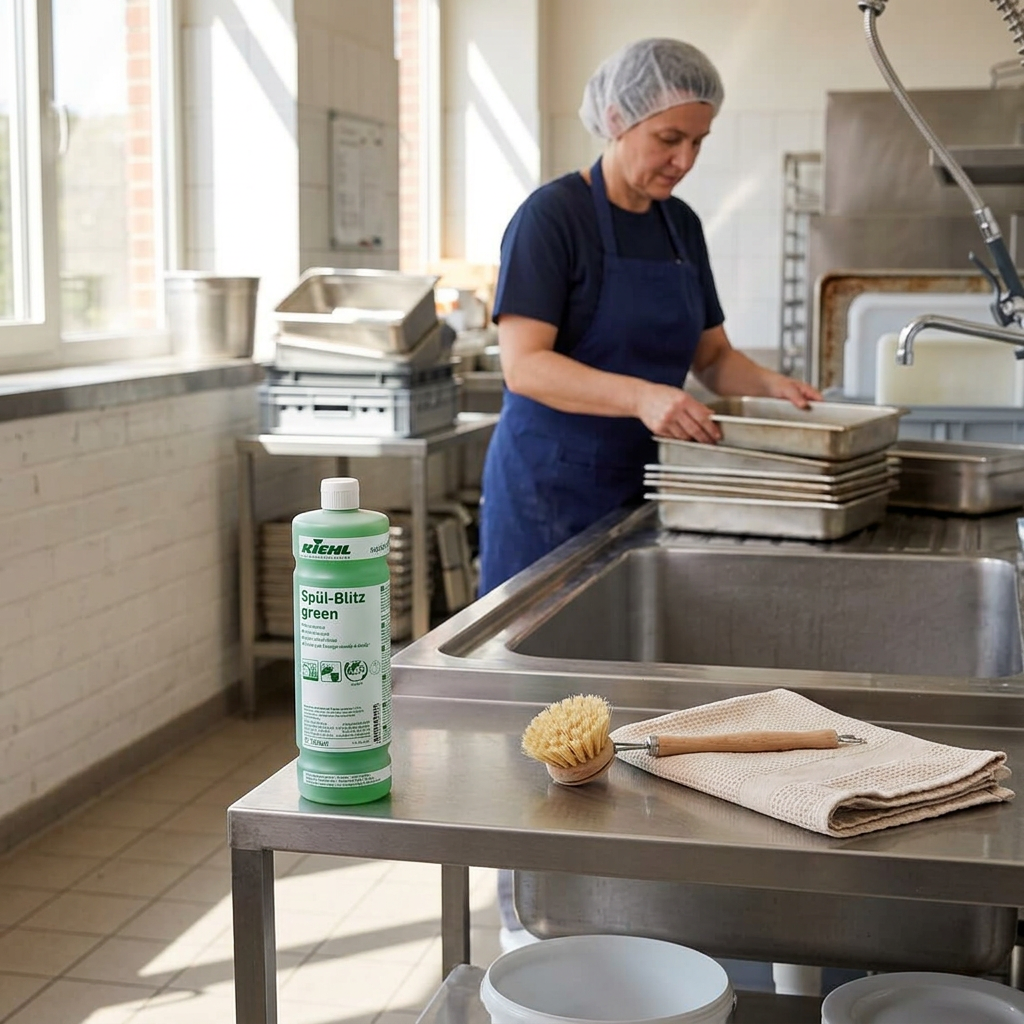 Kiehl Spül-Blitz Green ved opvaskeplads med medarbejder og tomme bageforme