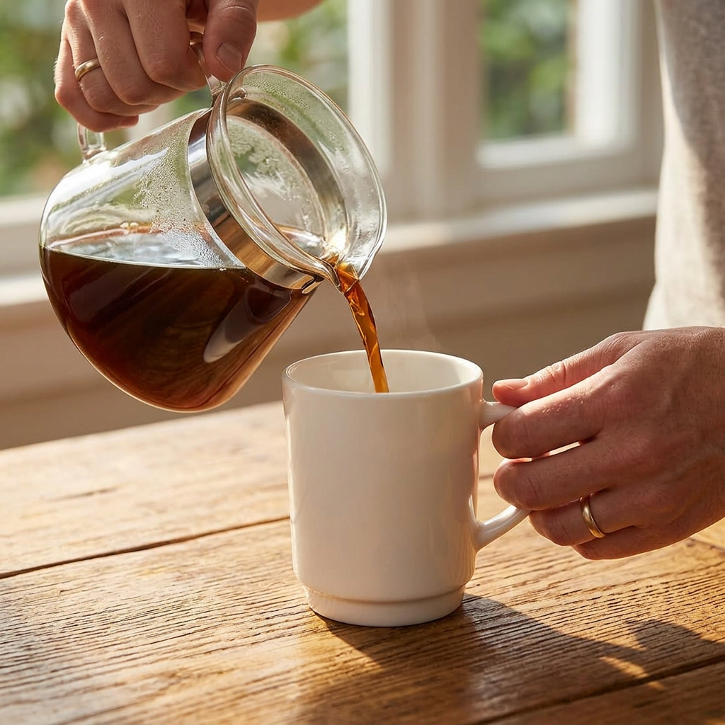 Kaffe hældes i hvidt krus med hank