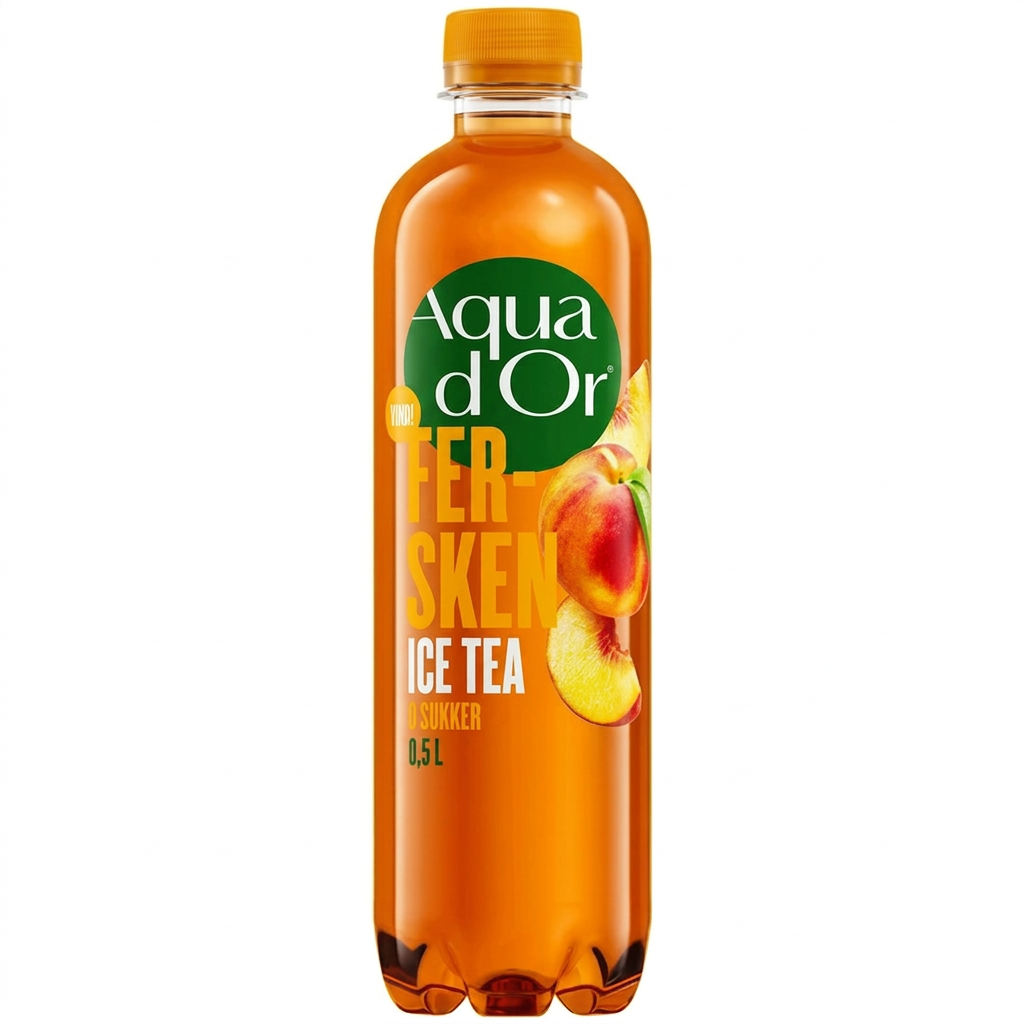 Aqua d’Or Fersken iste 0,5 liter på hvid baggrund