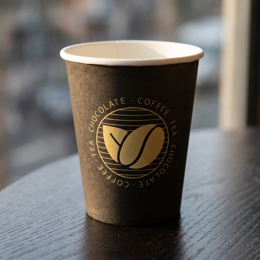 Sort Beans-kaffebæger med gyldent motiv på mørkt cafébord ved vindue