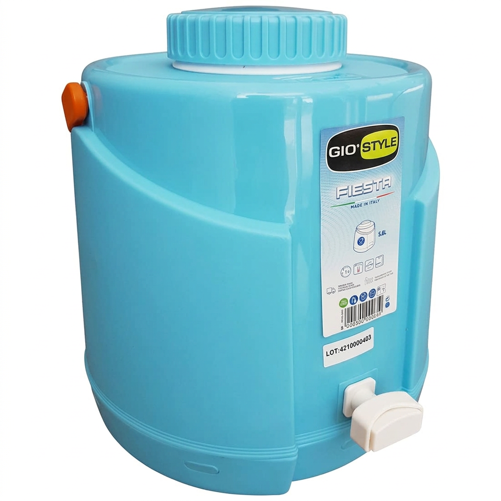 Termovandbeholder GioStyle Fiesta 5,6 liter, blå med orange detaljer og hvid taphane, på hvid baggrund