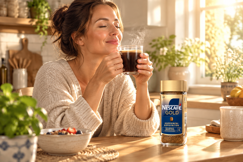 Miljøbillede, varenr. 3353: morgenkaffe fra Nescafé Gold Koffeinfri i hjemmets køkken