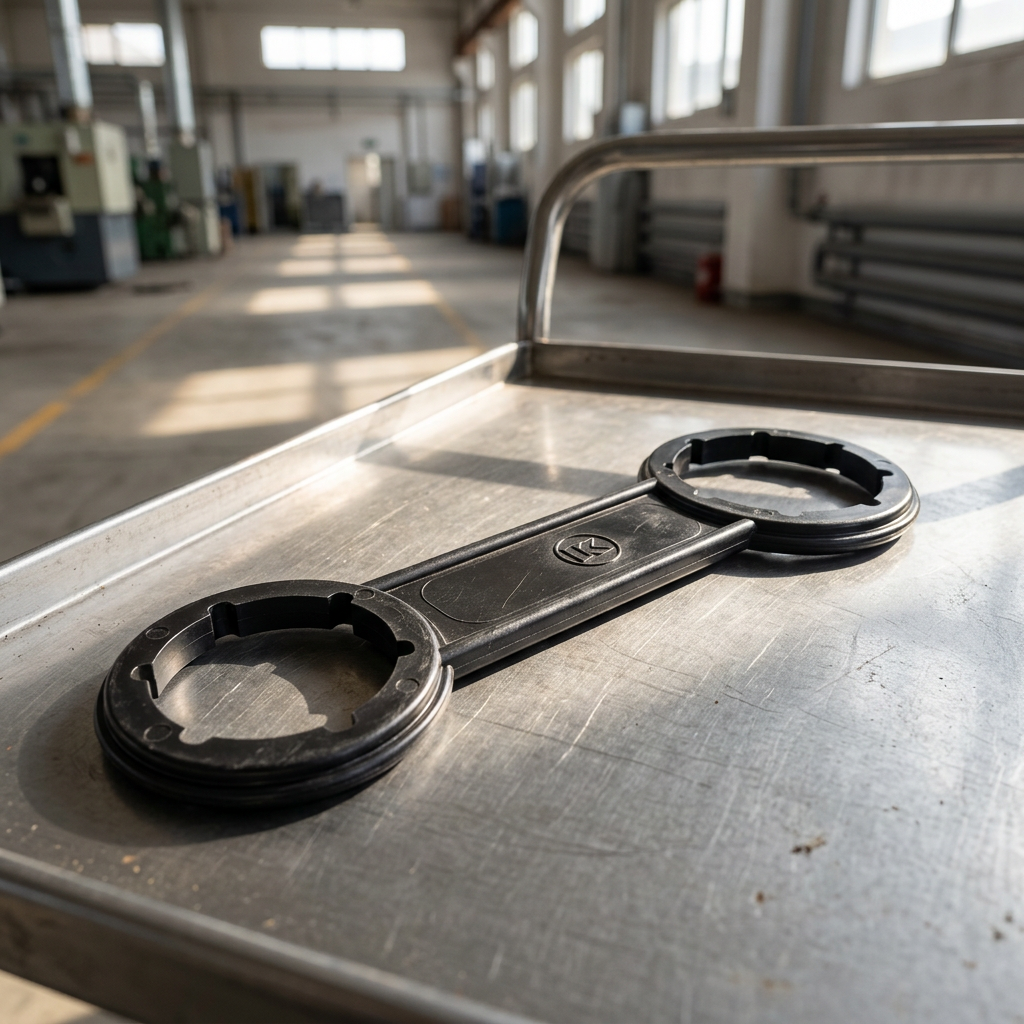 Sort dobbeltsidet dunkåbner 8118 på en servicevogn i en solbeskinnet industrigang.
