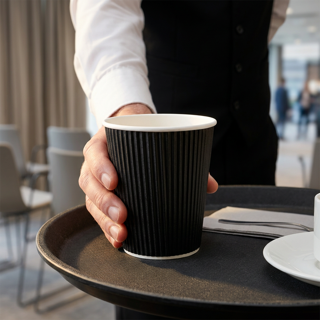 Voksen serveringsmedarbejder placerer sort Ripple Wall kaffebæger 30 cl på bakke