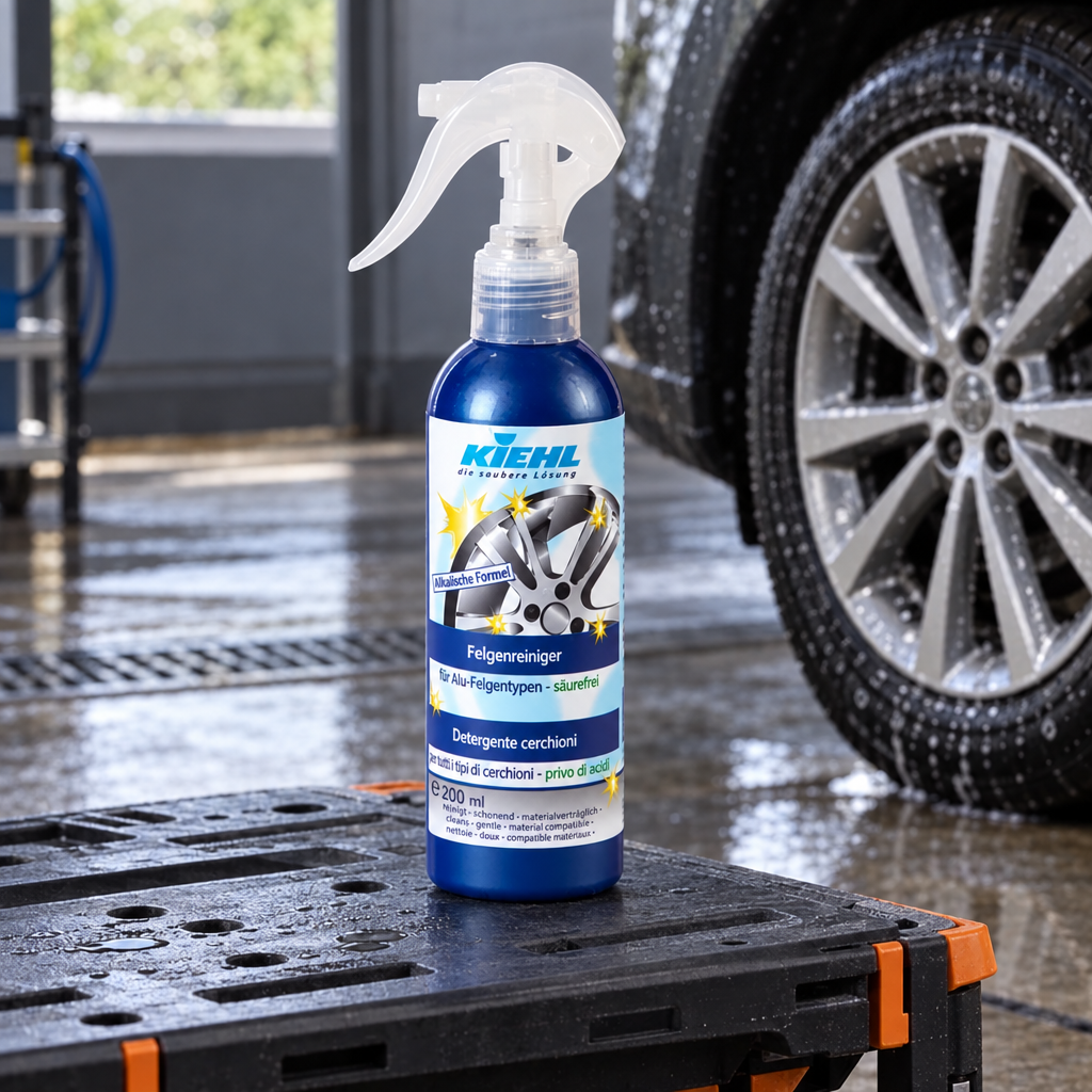 WheelCleaner King på arbejdsbord i bilvaskeområde med hjul i baggrunden