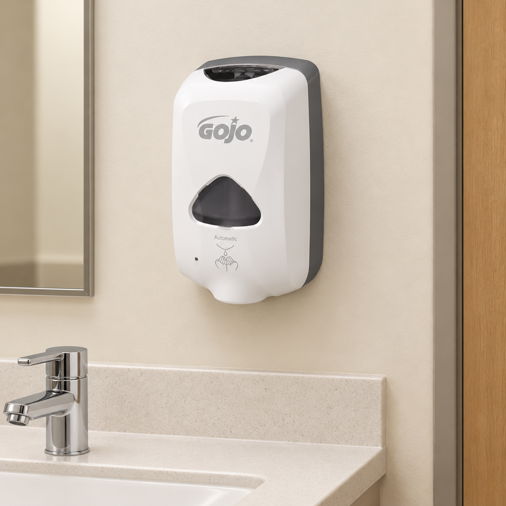 GOJO TFX-12 dispenser i hvid ved personalefacilitetens håndvask