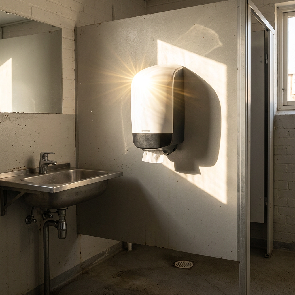 Katrin S 90106 centerrulledispenser i værkstedets sollyste personaletoilet, stemningsbillede