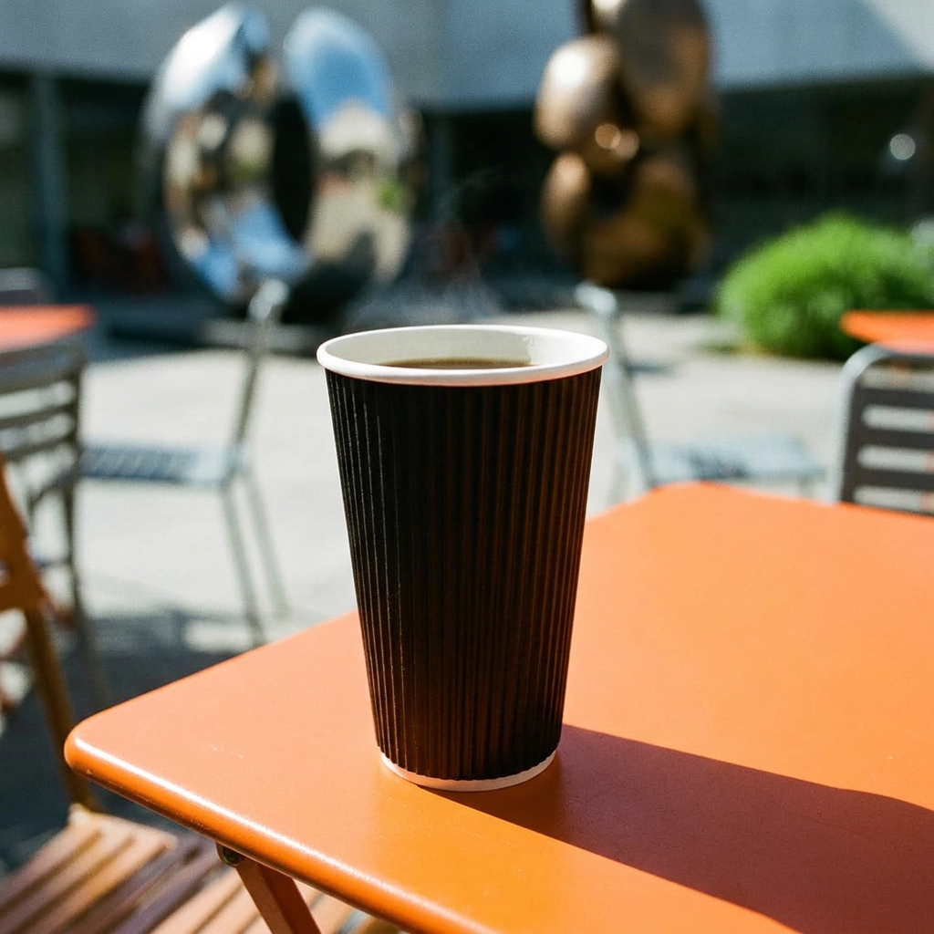 Sort Ripple Wall kaffebæger 40 cl på orange cafébord ved museum i solskin