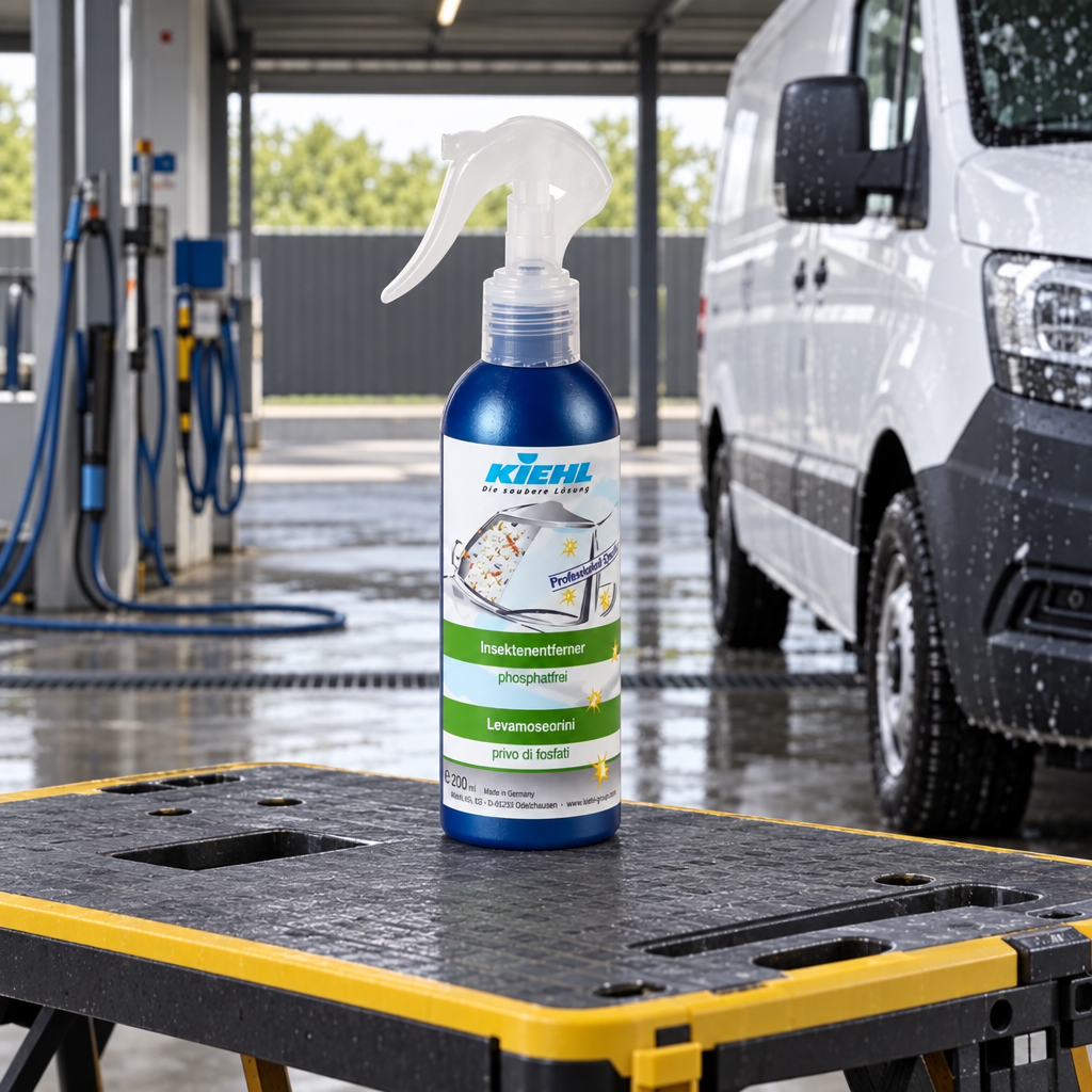 Kiehl insektfjerner 200 ml på arbejdsbord i vognparkens vaskeområde