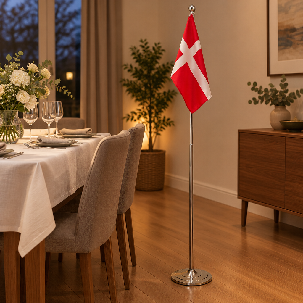 Gulvflag i rustfrit stål ved et festdækket bord