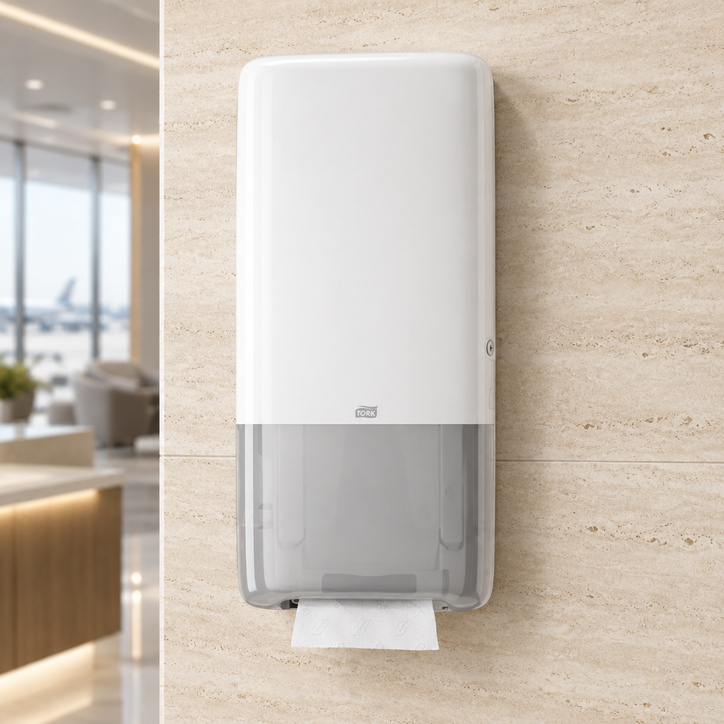 Hvid Tork H5 PeakServe standarddispenser ved håndvask i lufthavnslounge