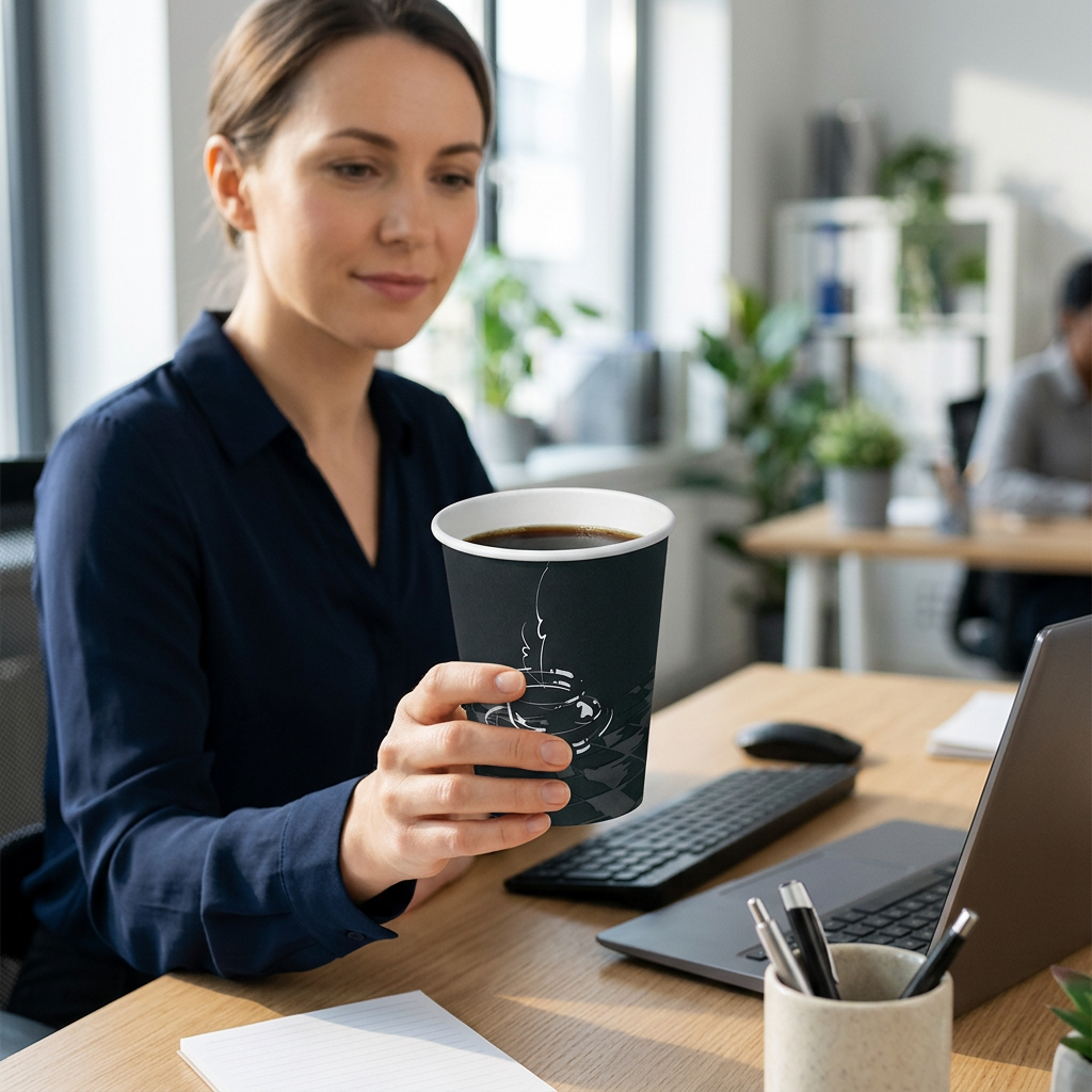 Voksen kontormedarbejder holder sort kaffebæger med kaffe ved skrivebord