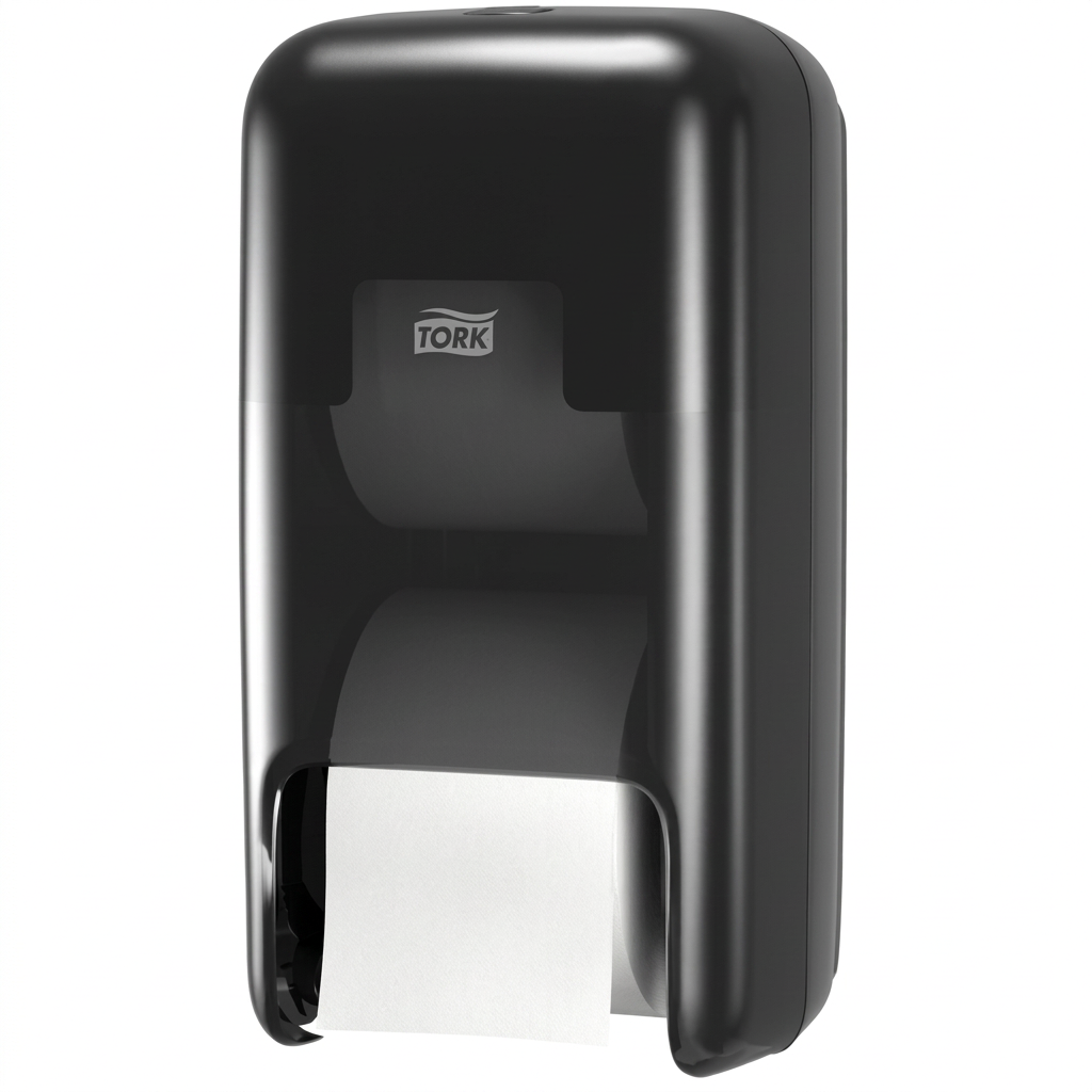 Sort Tork OptiServe 558042 toiletpapirdispenser til to hylsefri ruller på hvid baggrund